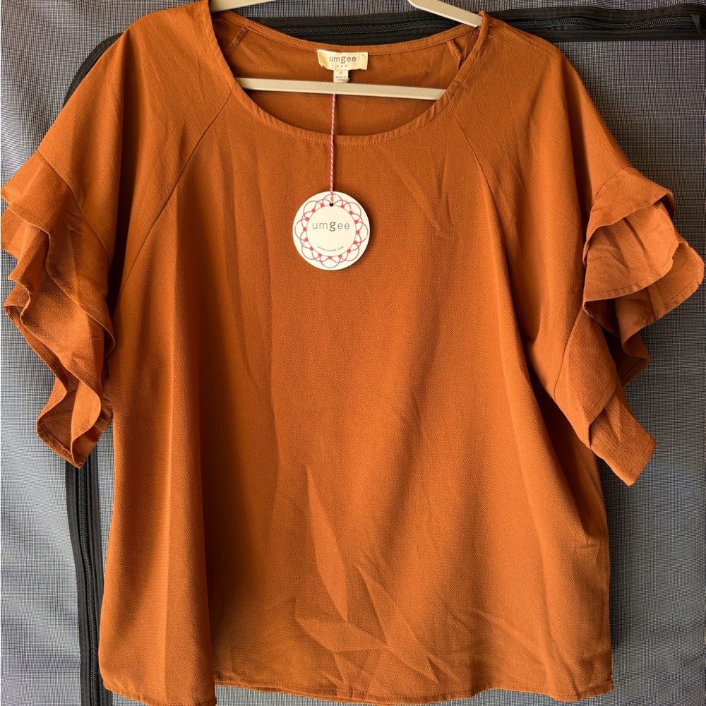 Umgee Burnt Orange Ruffle Sleeve Blouse
